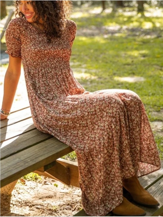 NATURAL LIFE Dresses & Skirts - Natural Life Brown Floral Maxi Dress - Women's Boho Short Sleeve